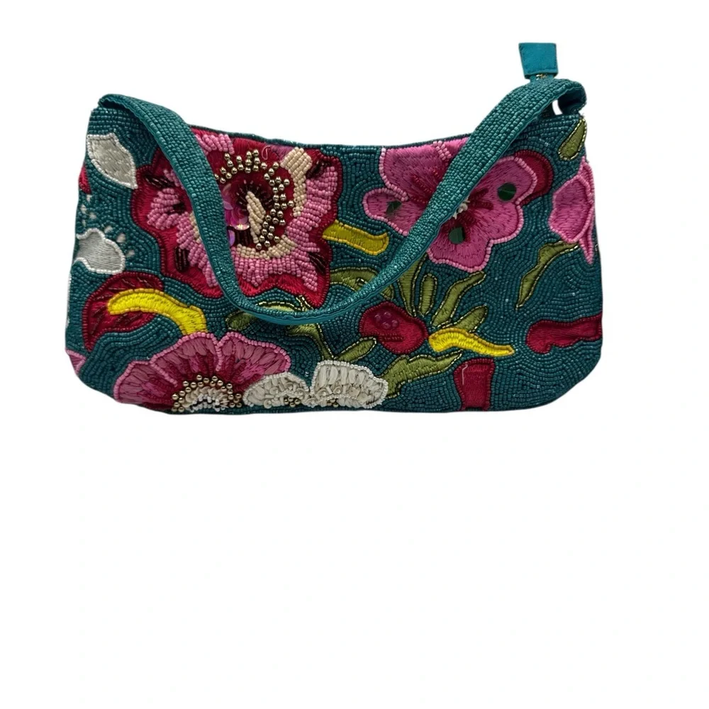 Teal Floral Embroidered Clutch - Picture 1 of 2